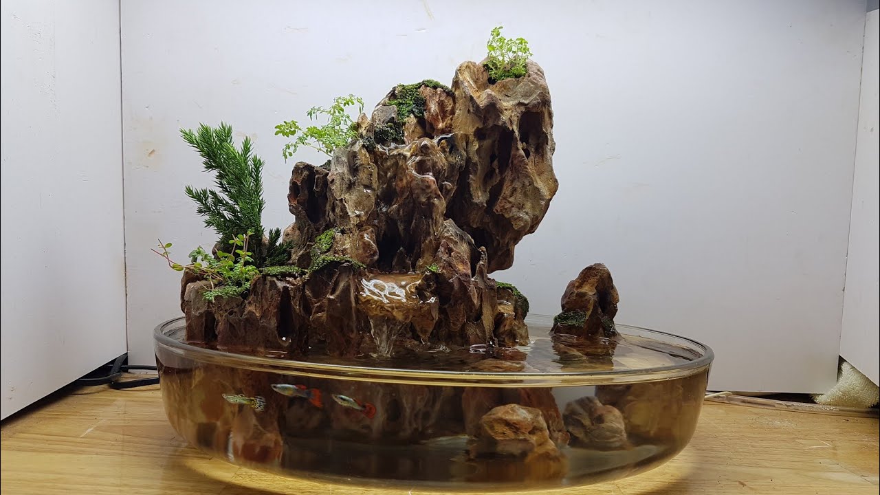 Tiểu cảnh non bộ mini đá tiger để bàn - 35x27x27. Mini penjing with waterfall-dragon rock-new setup.